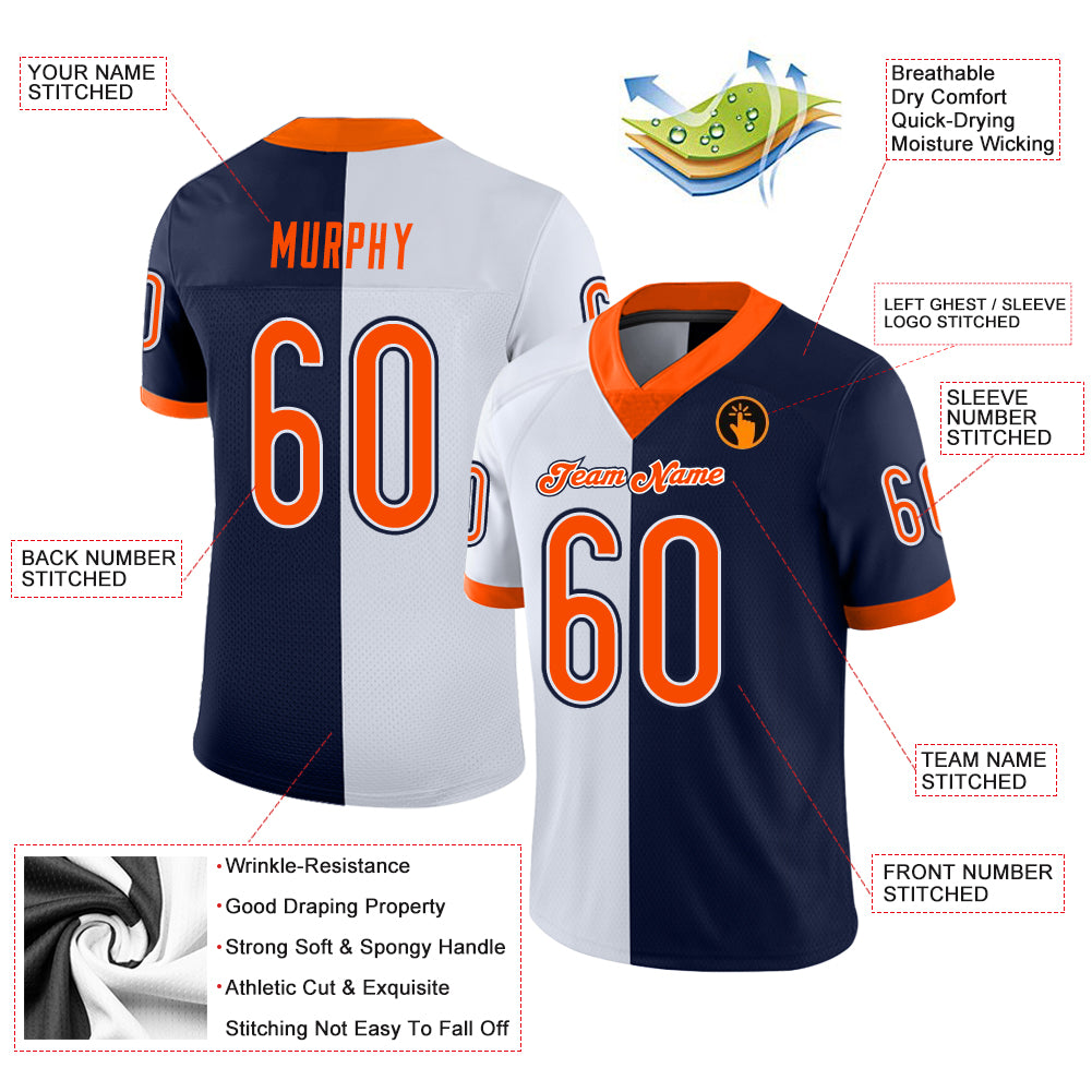 Custom Navy Orange-White Split Fashion Football Jersey