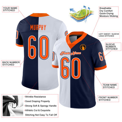 Custom Navy Orange-White Split Fashion Football Jersey