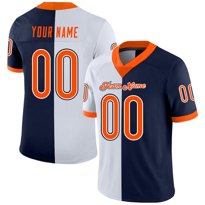 Custom Navy Orange-White Split Fashion Football Jersey