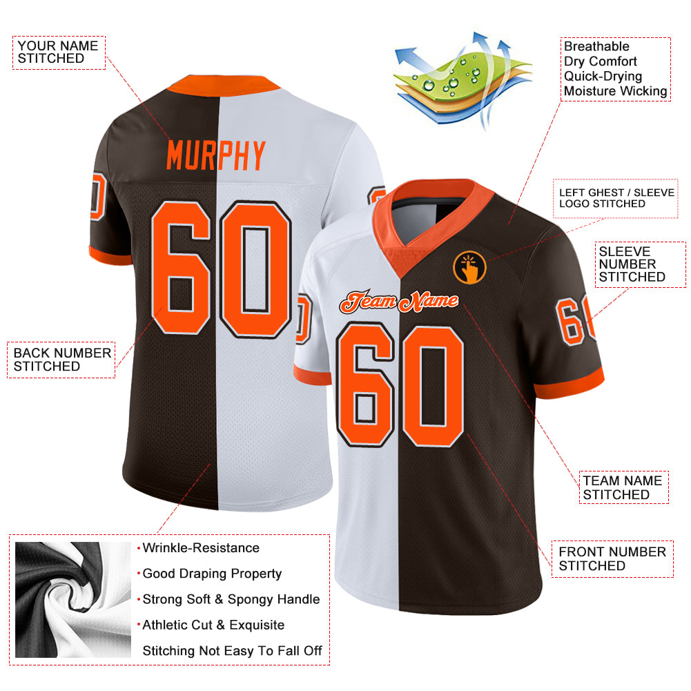 Custom Brown Orange-White Split Fashion Football Jersey