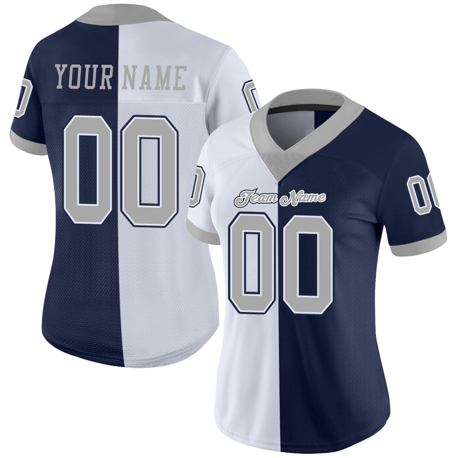 Custom Navy Gray-White Split Fashion Football Jersey