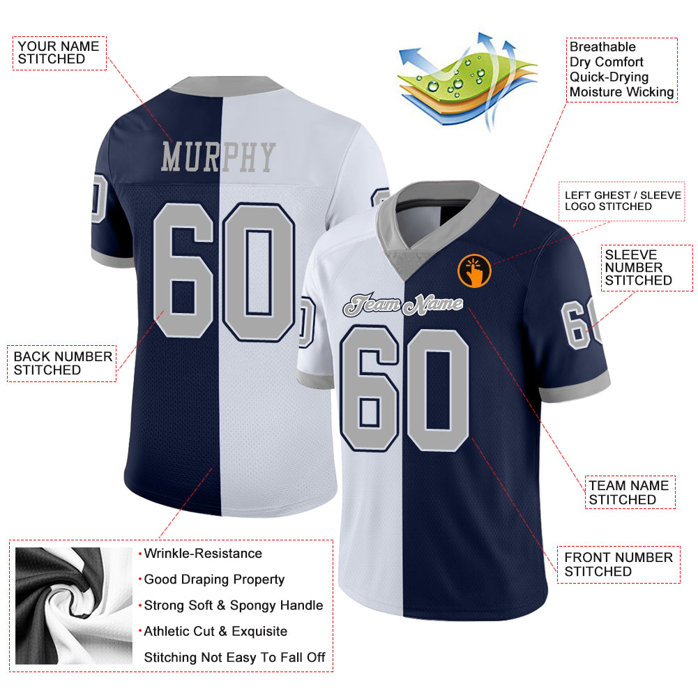 Custom Navy Gray-White Split Fashion Football Jersey