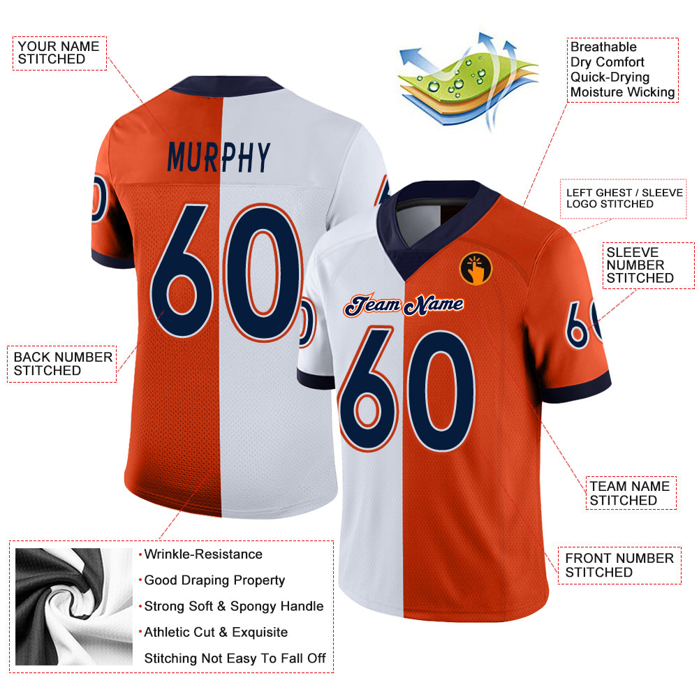 Custom Orange Navy-White Split Fashion Football Jersey