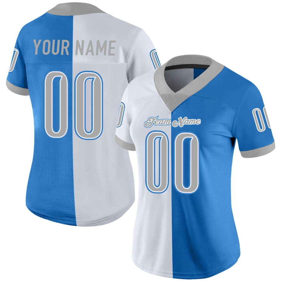 Custom Powder Blue Gray-White Split Fashion Football Jersey