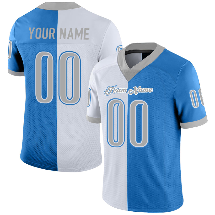 Custom Powder Blue Gray-White Split Fashion Football Jersey