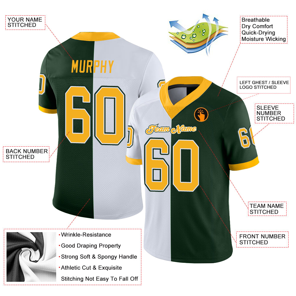 Custom Green Gold-White Split Fashion Football Jersey