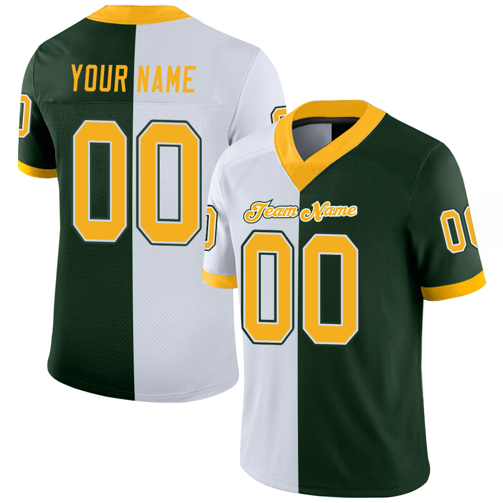 Custom Green Gold-White Split Fashion Football Jersey