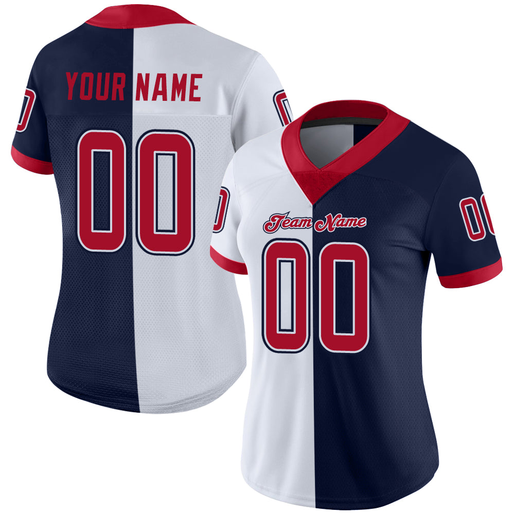 Custom Navy Red-White Split Fashion Football Jersey