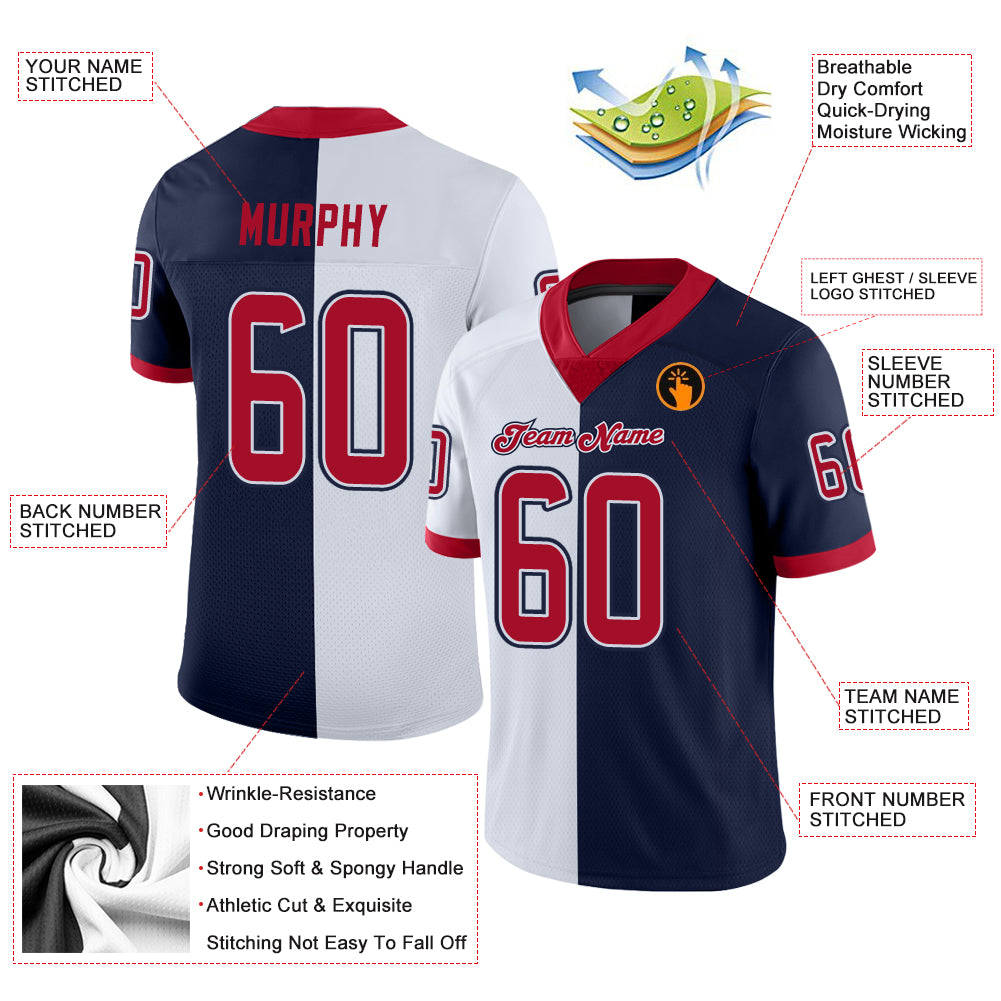 Custom Navy Red-White Split Fashion Football Jersey