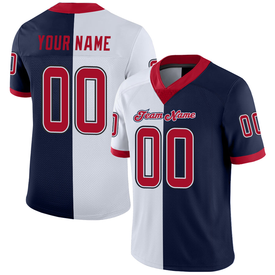 Custom Navy Red-White Split Fashion Football Jersey
