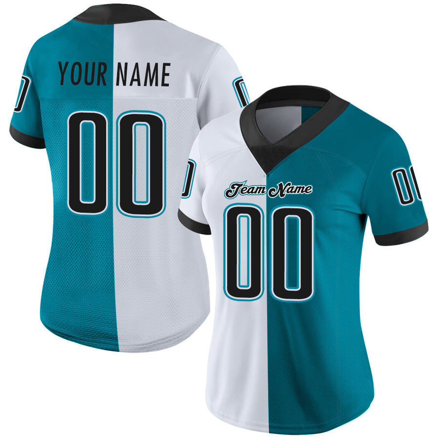 Custom Teal Black-White Split Fashion Football Jersey