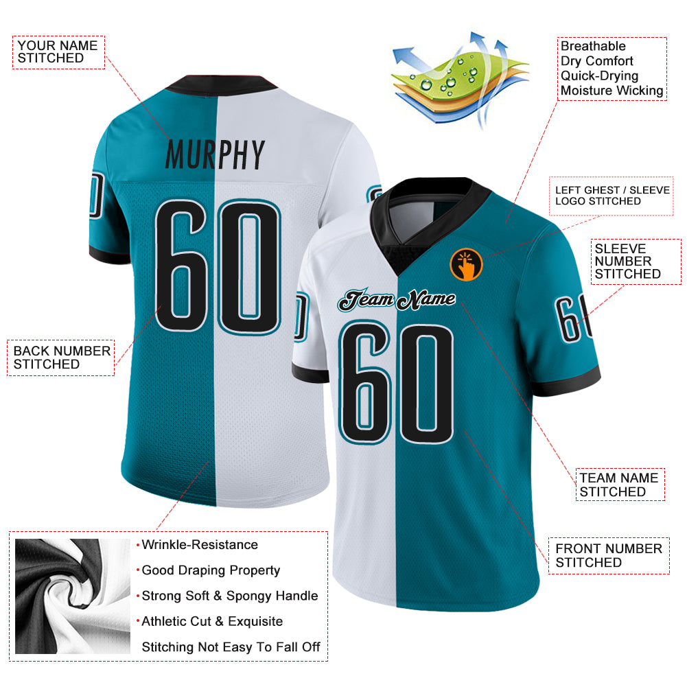 Custom Teal Black-White Split Fashion Football Jersey