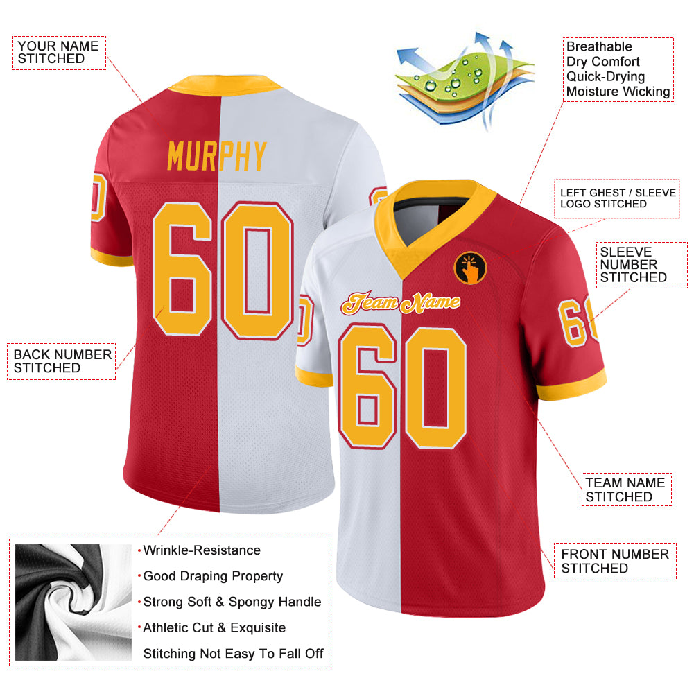 Custom Scarlet Gold-White Split Fashion Football Jersey