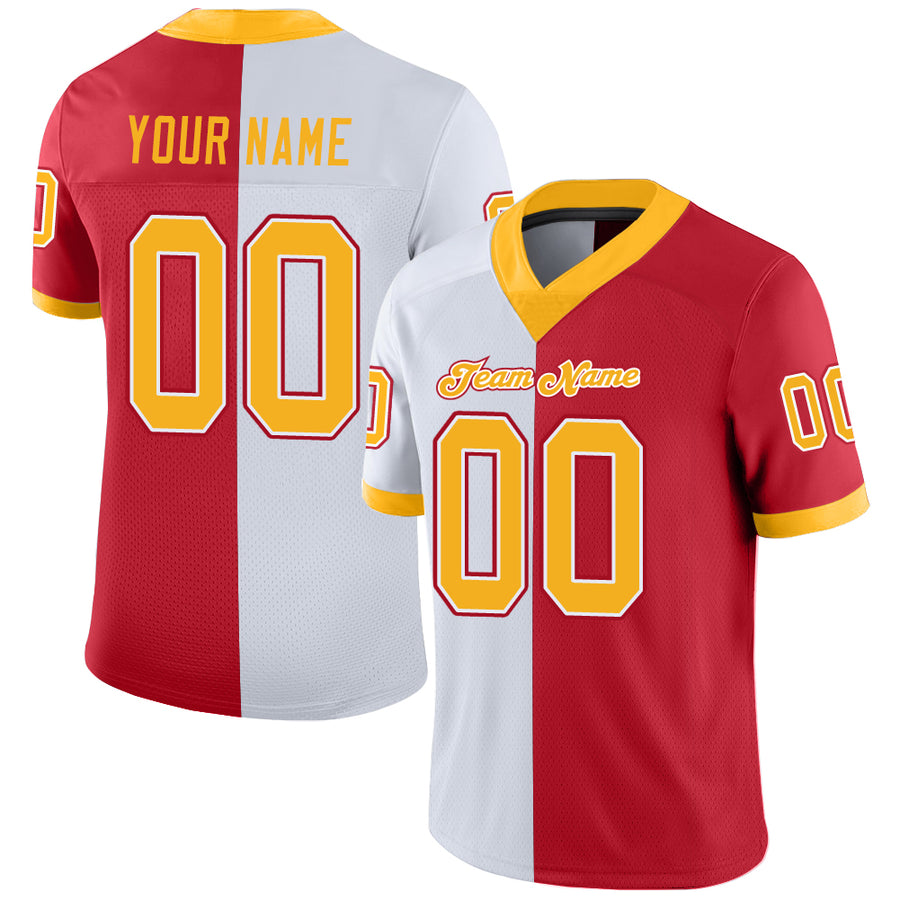 Custom Scarlet Gold-White Split Fashion Football Jersey