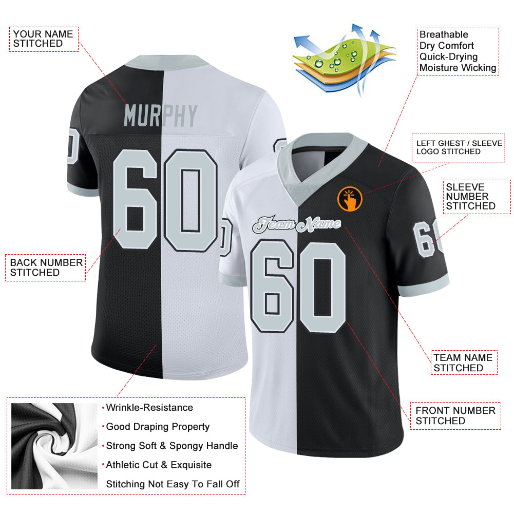Custom Black Silver-White Split Fashion Football Jersey