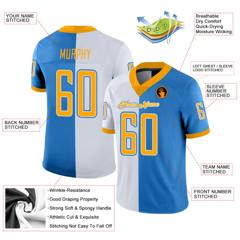 Custom Powder Blue Gold-White Split Fashion Football Jersey