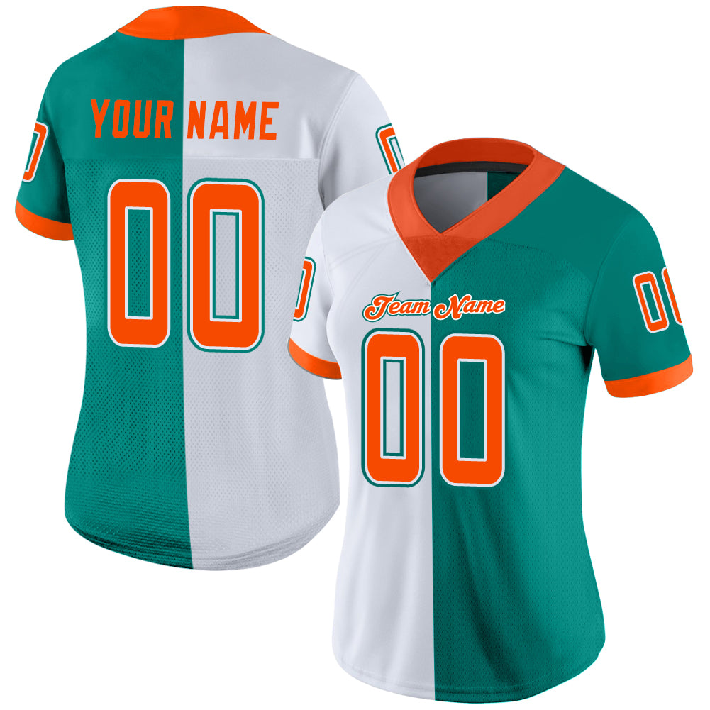 Custom Aqua Orange-White Split Fashion Football Jersey
