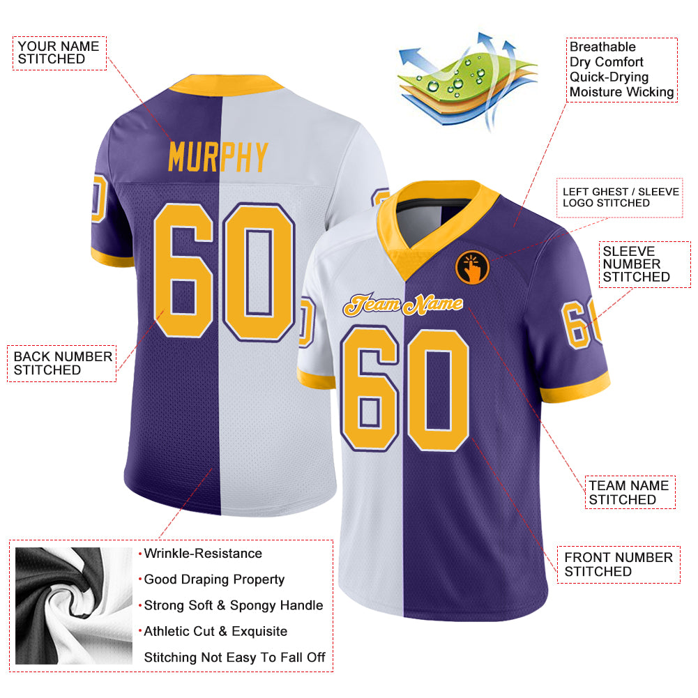 Custom Purple Gold-White Split Fashion Football Jersey