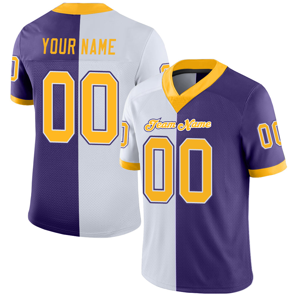 Custom Purple Gold-White Split Fashion Football Jersey