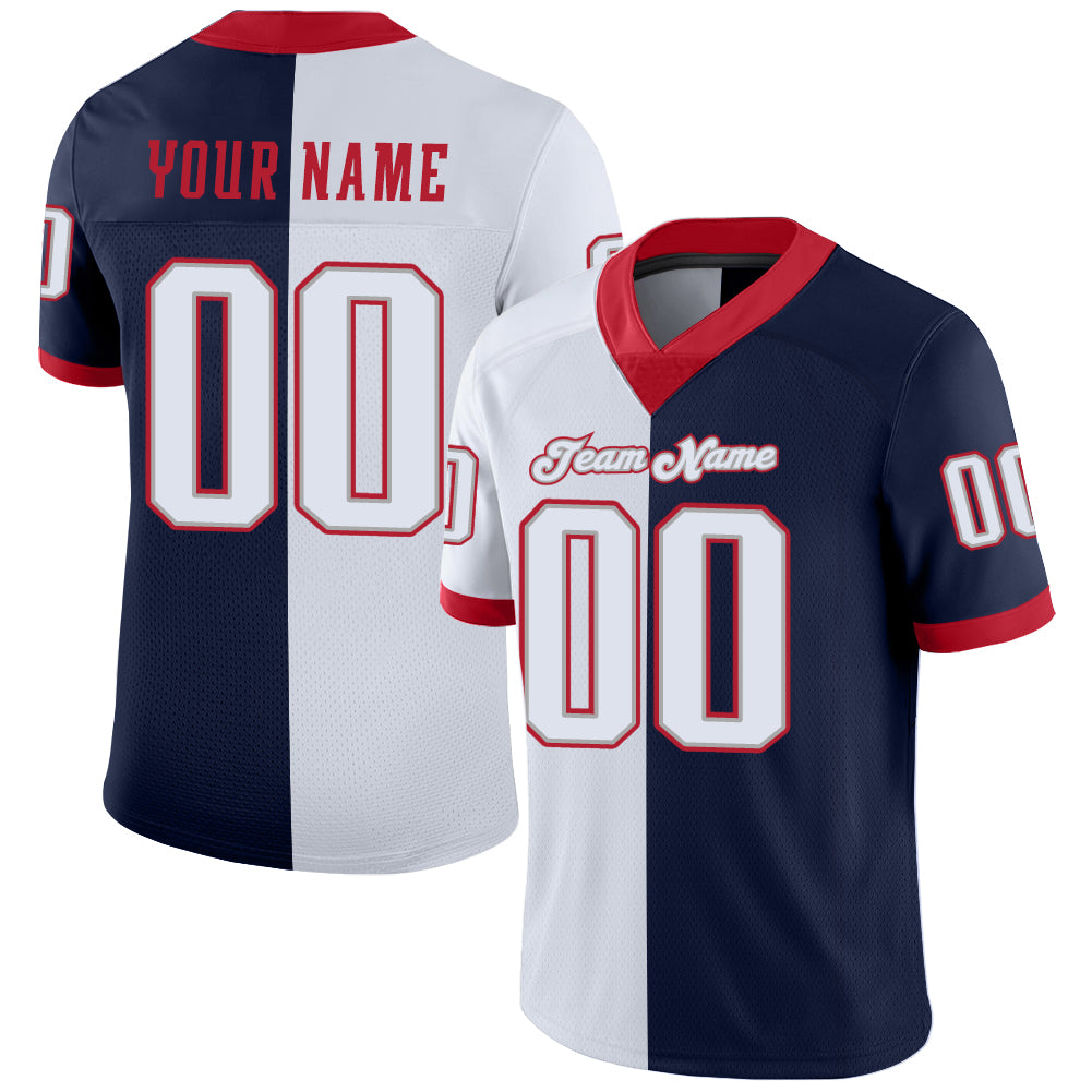 Custom Navy White-Scarlet Split Fashion Football Jersey