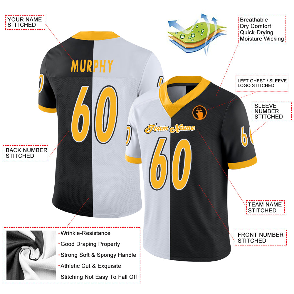 Custom Black Gold-White Split Fashion Football Jersey