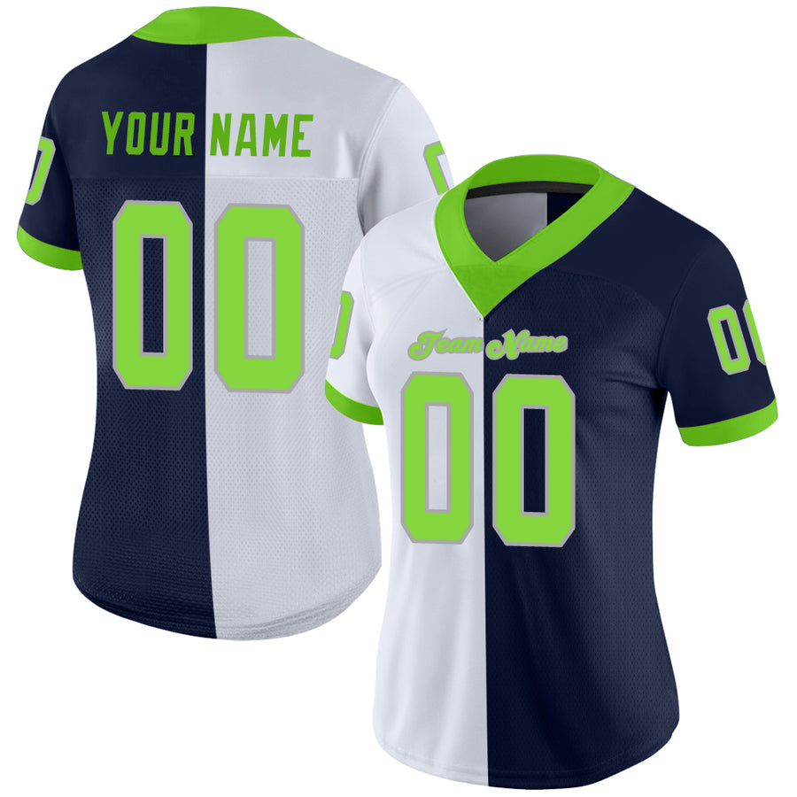 Custom Navy Neon Green-White Split Fashion Football Jersey