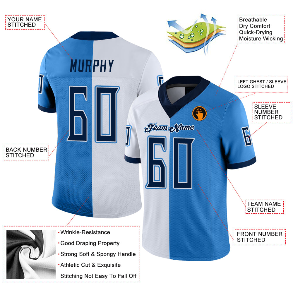 Custom Powder Blue Navy-White Split Fashion Football Jersey