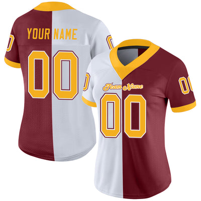 Custom Burgundy Gold-White Split Fashion Football Jersey