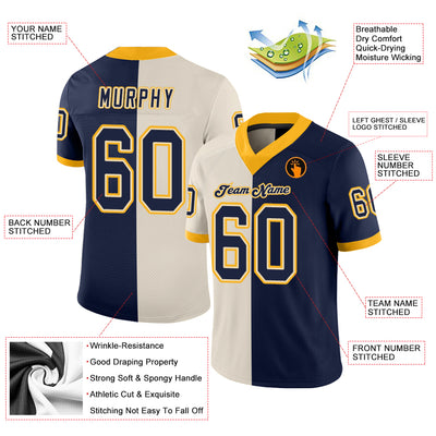 Custom Cream Navy-Gold Split Fashion Football Jersey