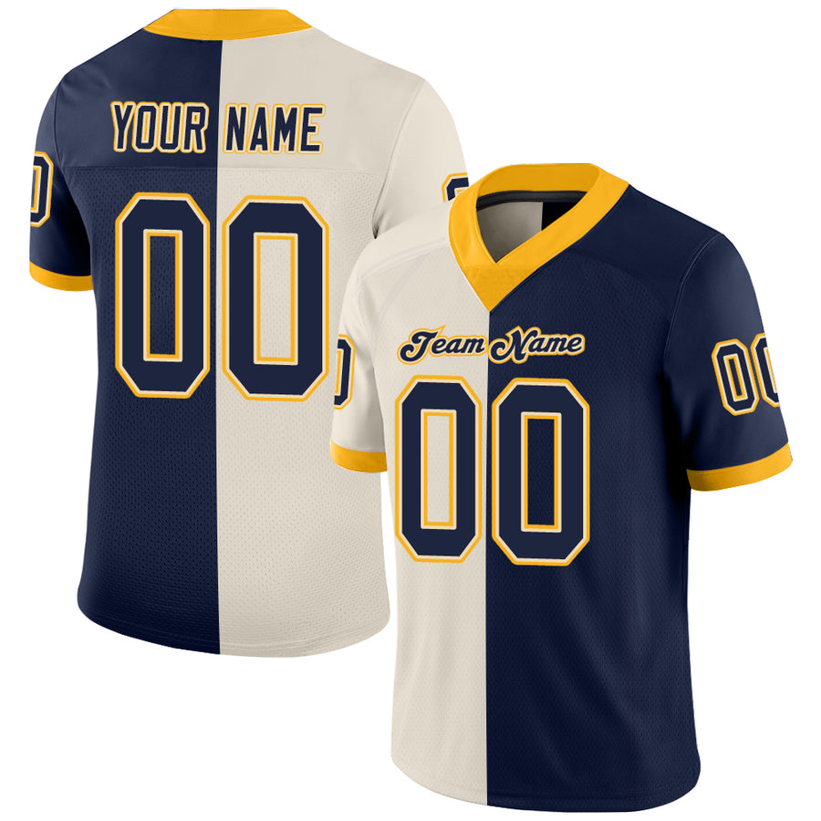 Custom Cream Navy-Gold Split Fashion Football Jersey