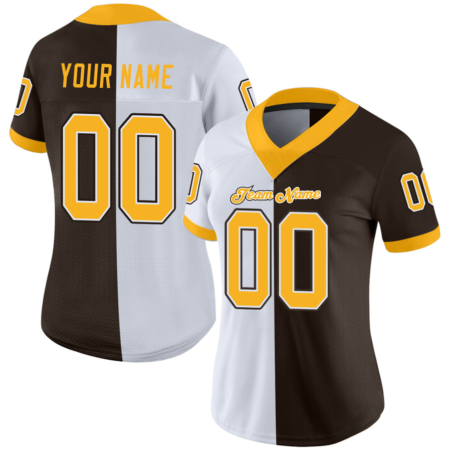 Custom Brown Gold-White Split Fashion Football Jersey