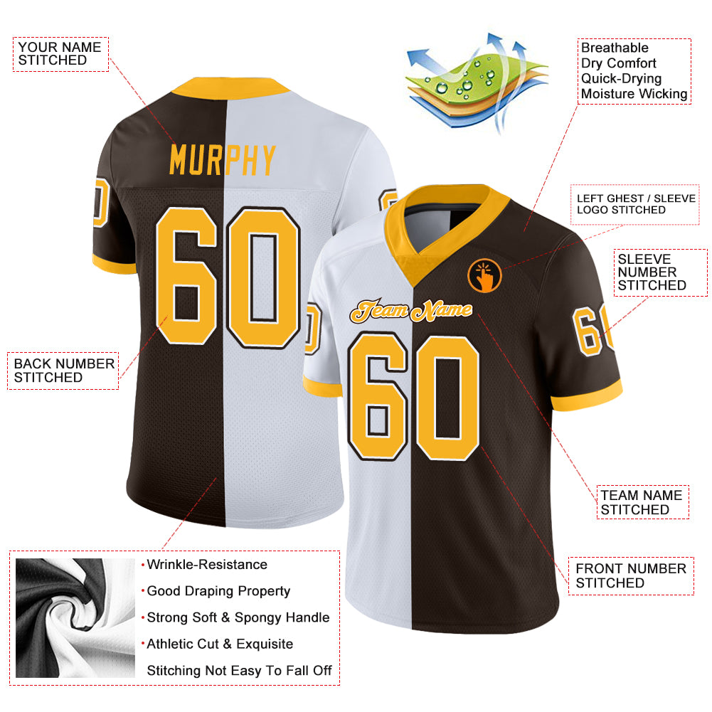 Custom Brown Gold-White Split Fashion Football Jersey