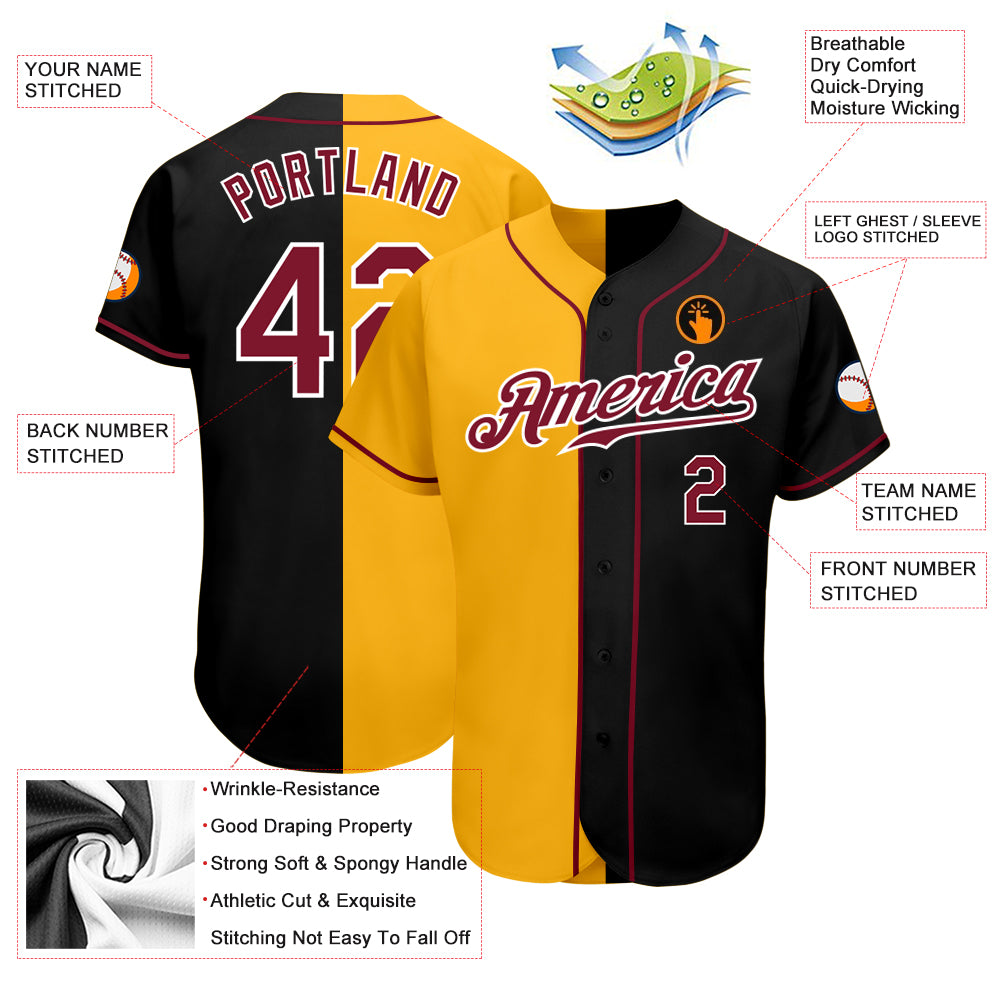 Custom Black Crimson-Yellow Authentic Split Fashion Baseball Jersey