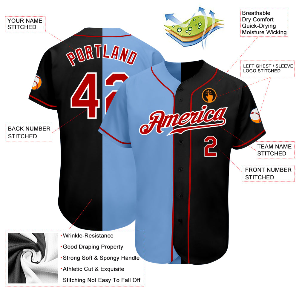 Custom Black Red-Light Blue Authentic Split Fashion Baseball Jersey
