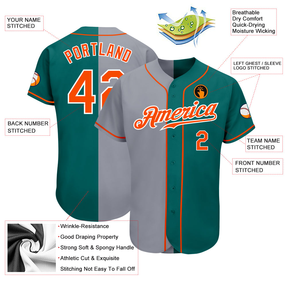 Custom Teal Orange-Gray Authentic Split Fashion Baseball Jersey