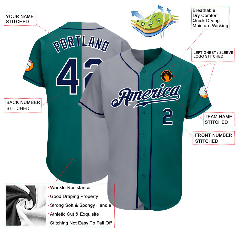 Custom Teal Navy-Gray Authentic Split Fashion Baseball Jersey