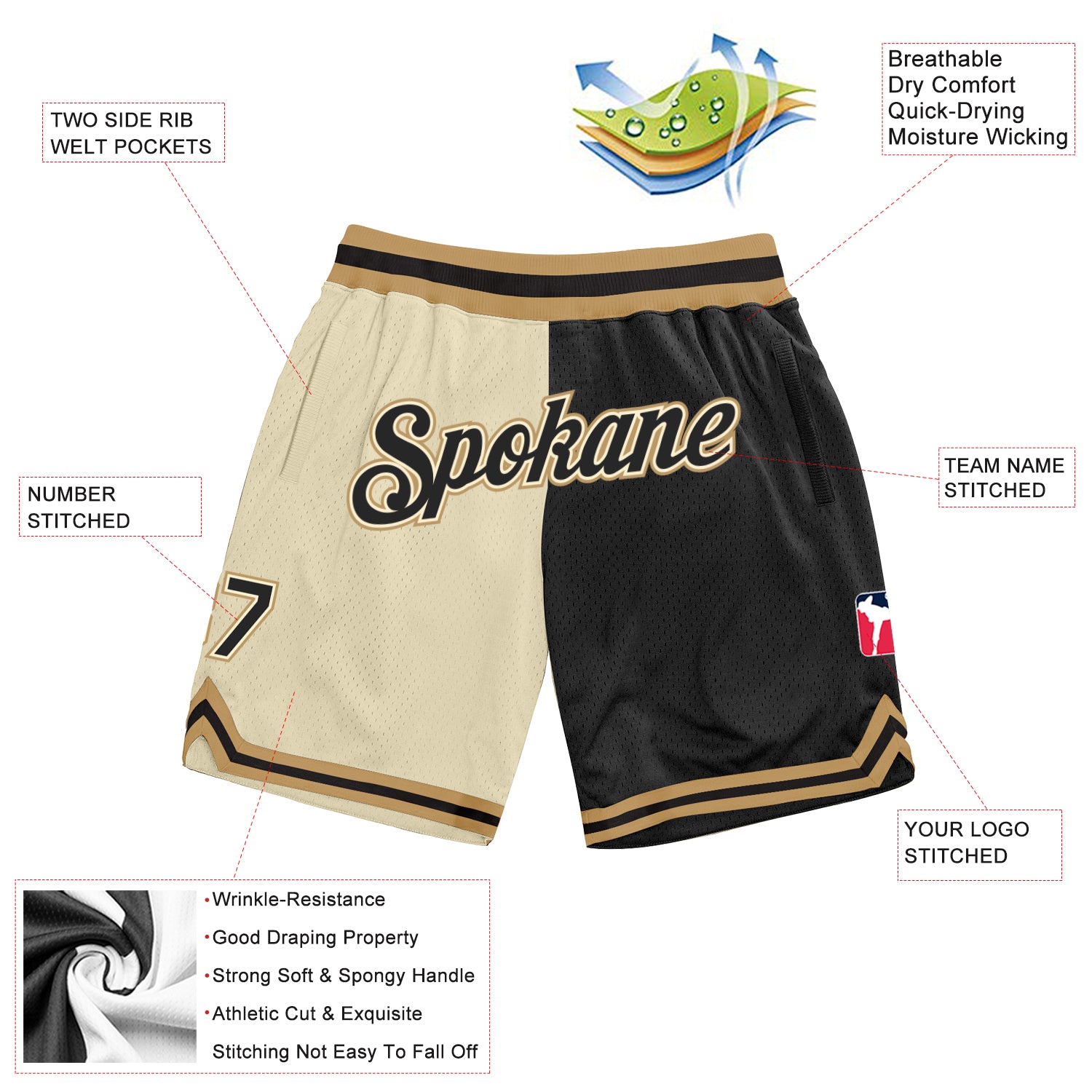 Custom Split Fashion Basketball Shorts Cream Black-Old Gold Authentic ...