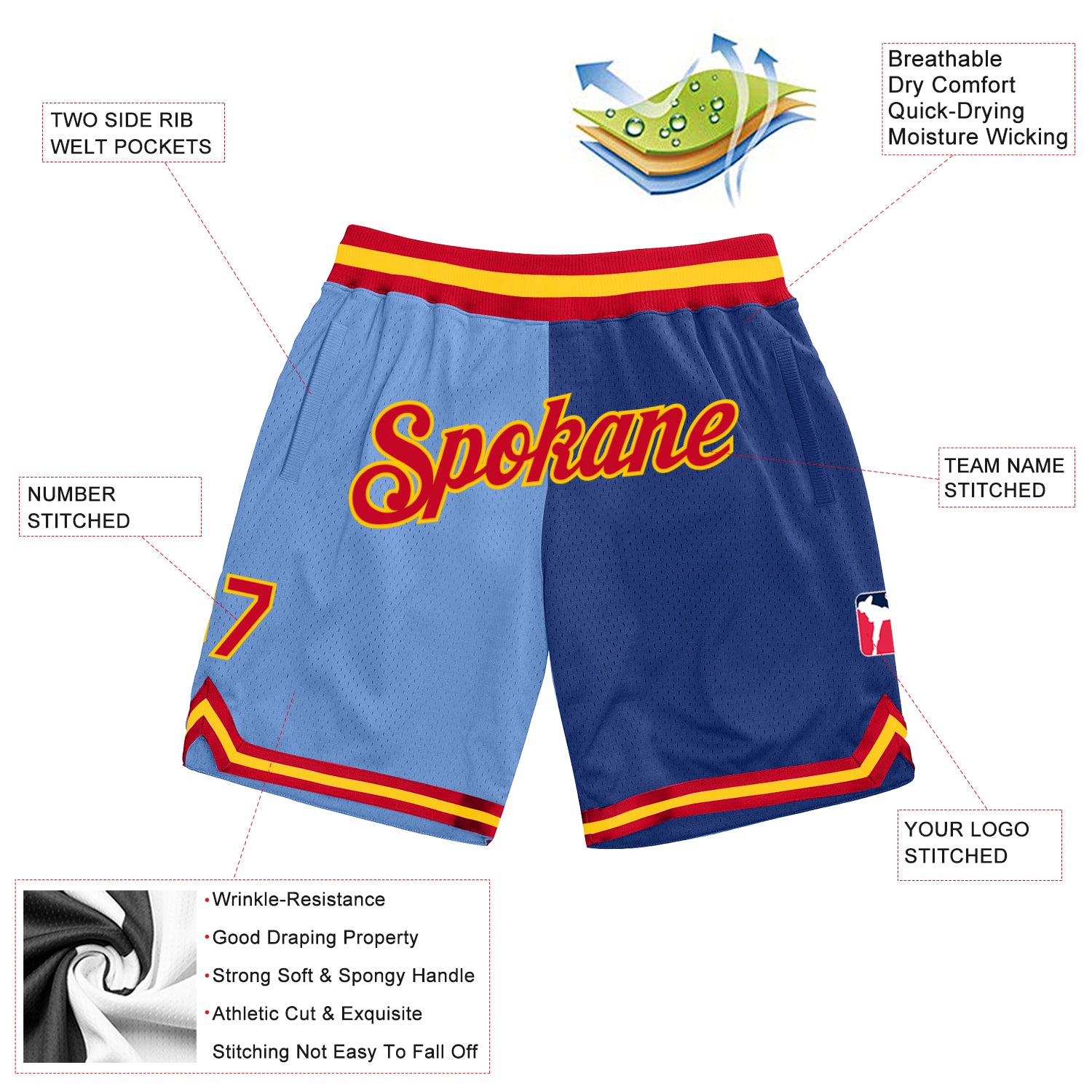 Custom Light Blue Red-Royal Authentic Throwback Split Fashion Basketball Shorts