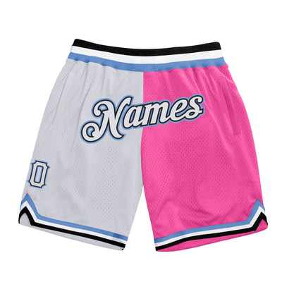 Custom Pink White-Light Blue Authentic Throwback Split Fashion Basketball Shorts