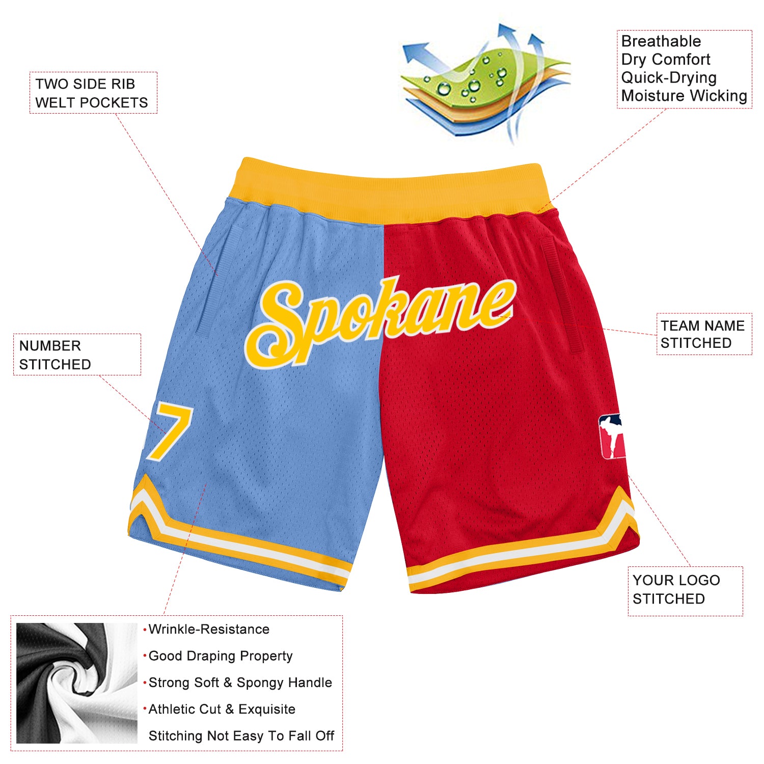 Custom Light Blue Gold-Red Authentic Throwback Split Fashion Basketball Shorts