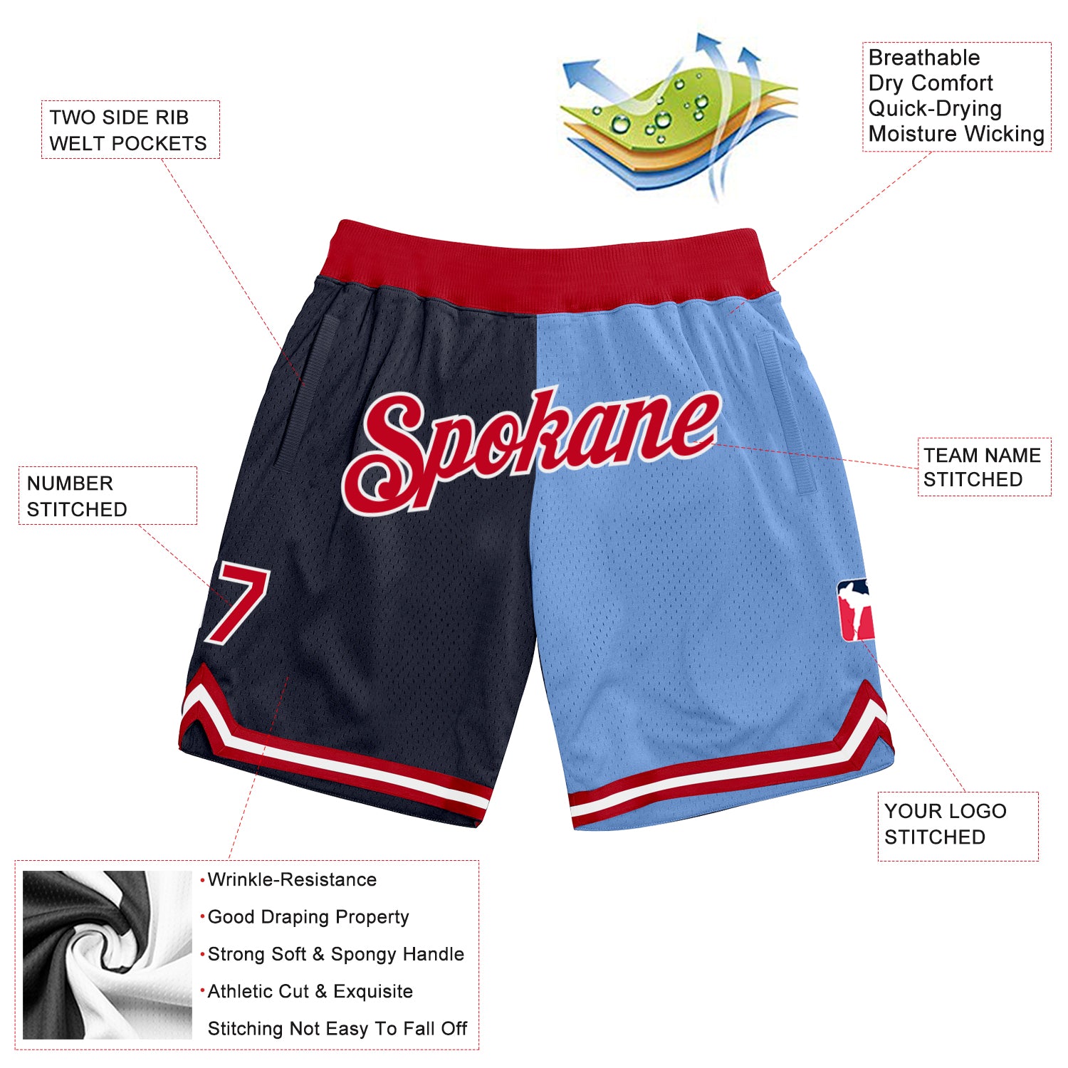 Custom Navy Red-Light Blue Authentic Throwback Split Fashion Basketball Shorts