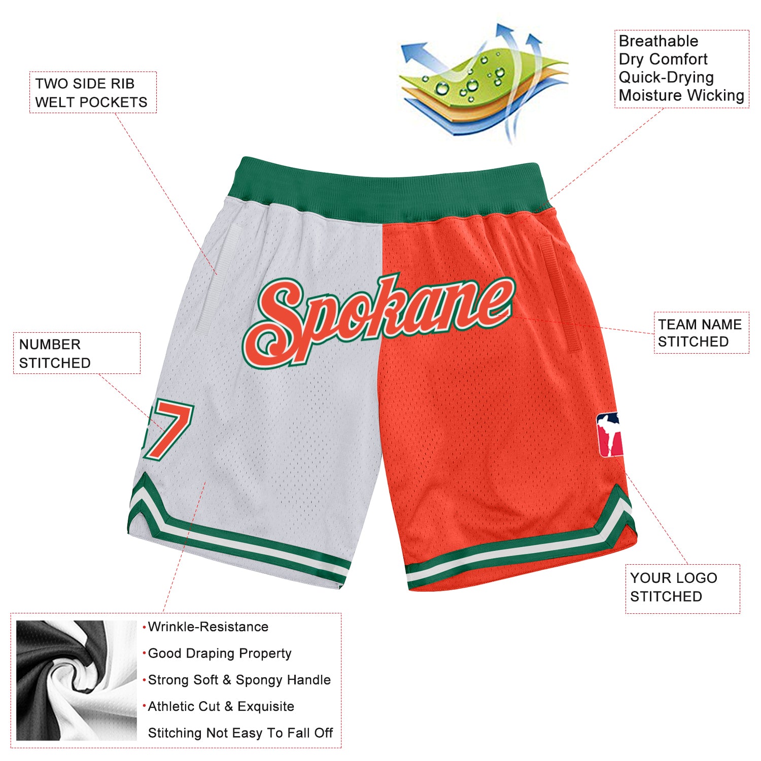 FANSIDEA Custom White Orange-Kelly Green Authentic Throwback Split Fashion Basketball Shorts Men's Size:M