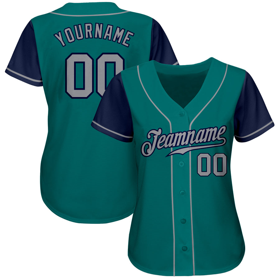 Custom Teal Gray-Navy Authentic Two Tone Baseball Jersey