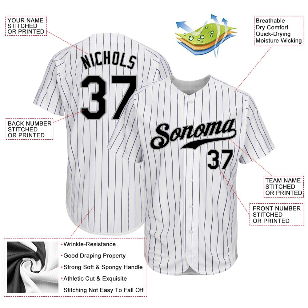 Custom White Purple Pinstripe Black-Gray Authentic Baseball Jersey