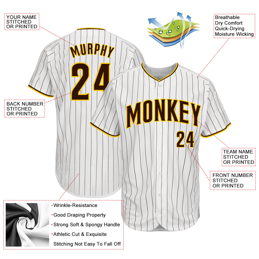 Custom White Brown Pinstripe Brown-Gold Authentic Baseball Jersey