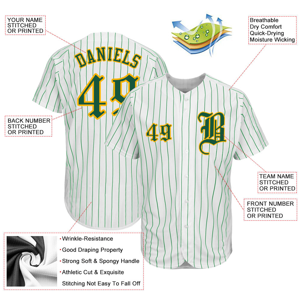 Custom White Kelly Green Pinstripe Kelly Green-Gold Authentic Baseball Jersey