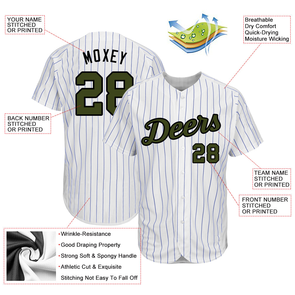 Custom White Royal Pinstripe Olive-Black Authentic Memorial Day Baseball Jersey