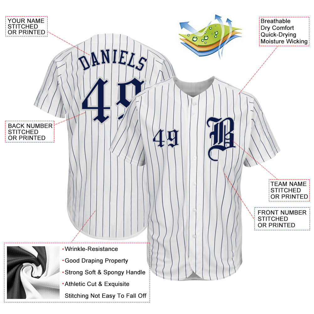 Custom White Navy Pinstripe Navy-Gray Authentic Baseball Jersey