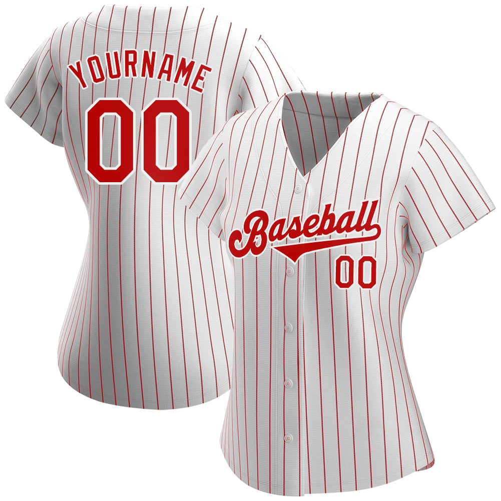 Custom White Red Pinstripe Red-White Authentic Baseball Jersey