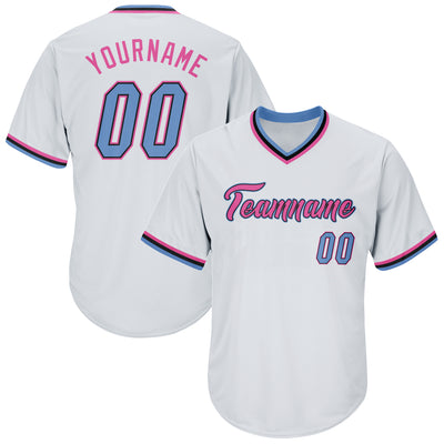 Custom White Light Blue-Pink Authentic Throwback Rib-Knit Baseball Jersey Shirt Men's Size:2XL